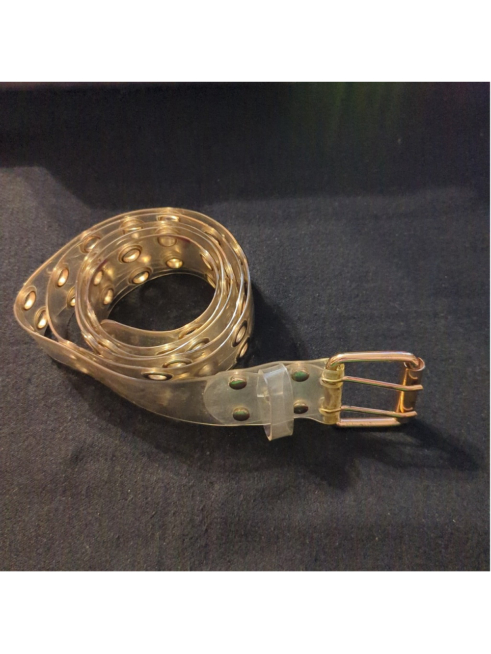 Vintage Gold Tone Clear Vinyl Grommet Belt - size Large.